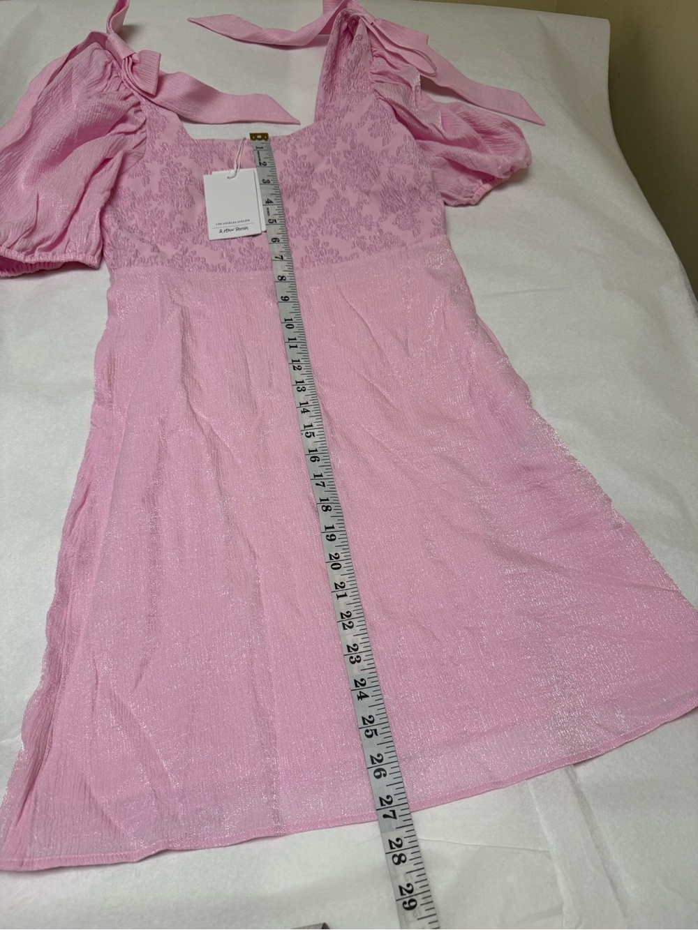 NwT & Other Stories Shimmer Bow Puff Sleeve Pink Textured Mini Dress🌸 - Picture 6 of 12